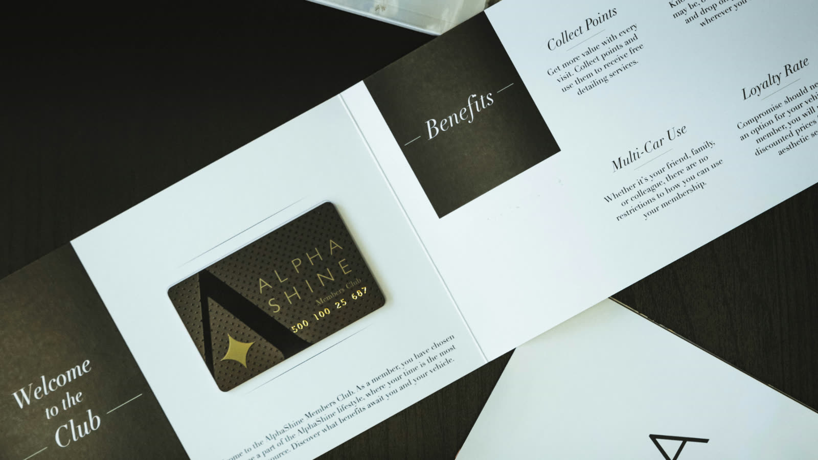 An ALPHASHINE membership kit opened on a table, featuring the exclusive black and gold member card and printed details outlining benefits such as points, multi car use, and loyalty rewards.