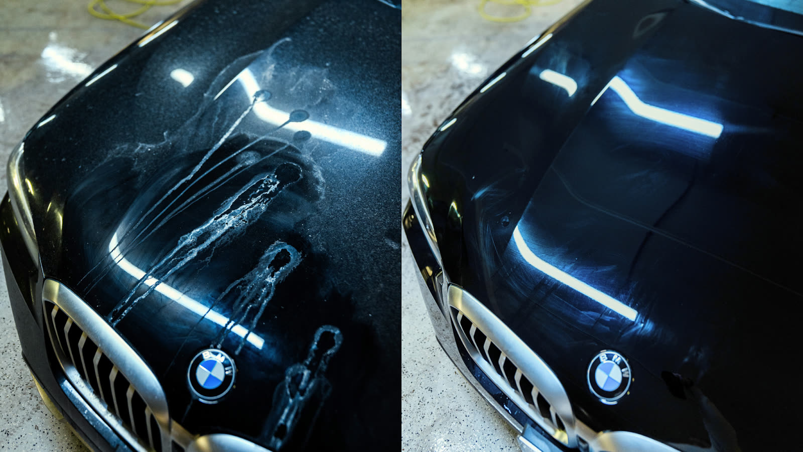 Before and after paint correction on a BMW hood showing removal of water stains and swirl marks during professional car detailing in Toronto.