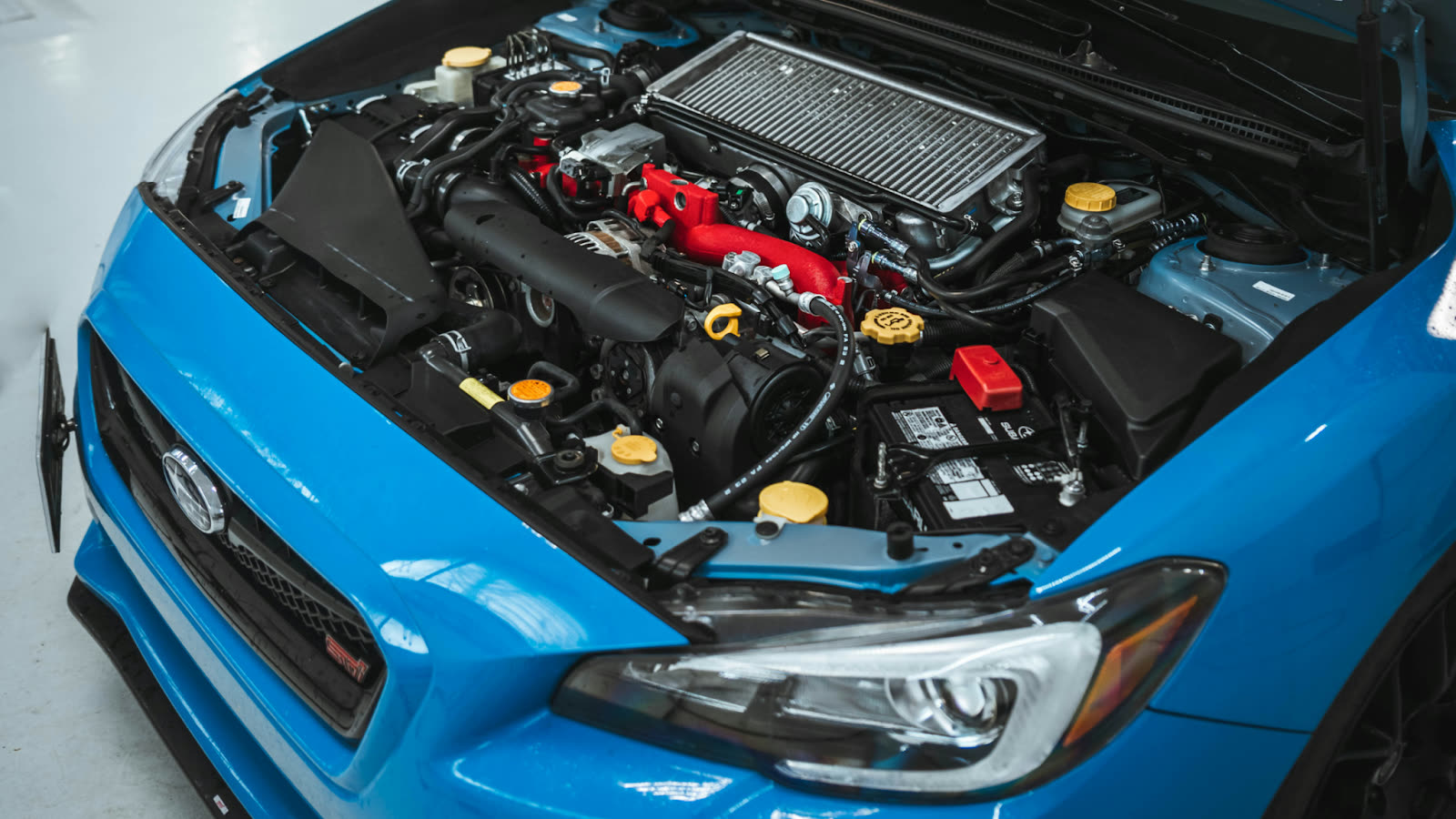Clean engine bay after professional engine detailing, showing polished components and restored finish following engine cleaning service.