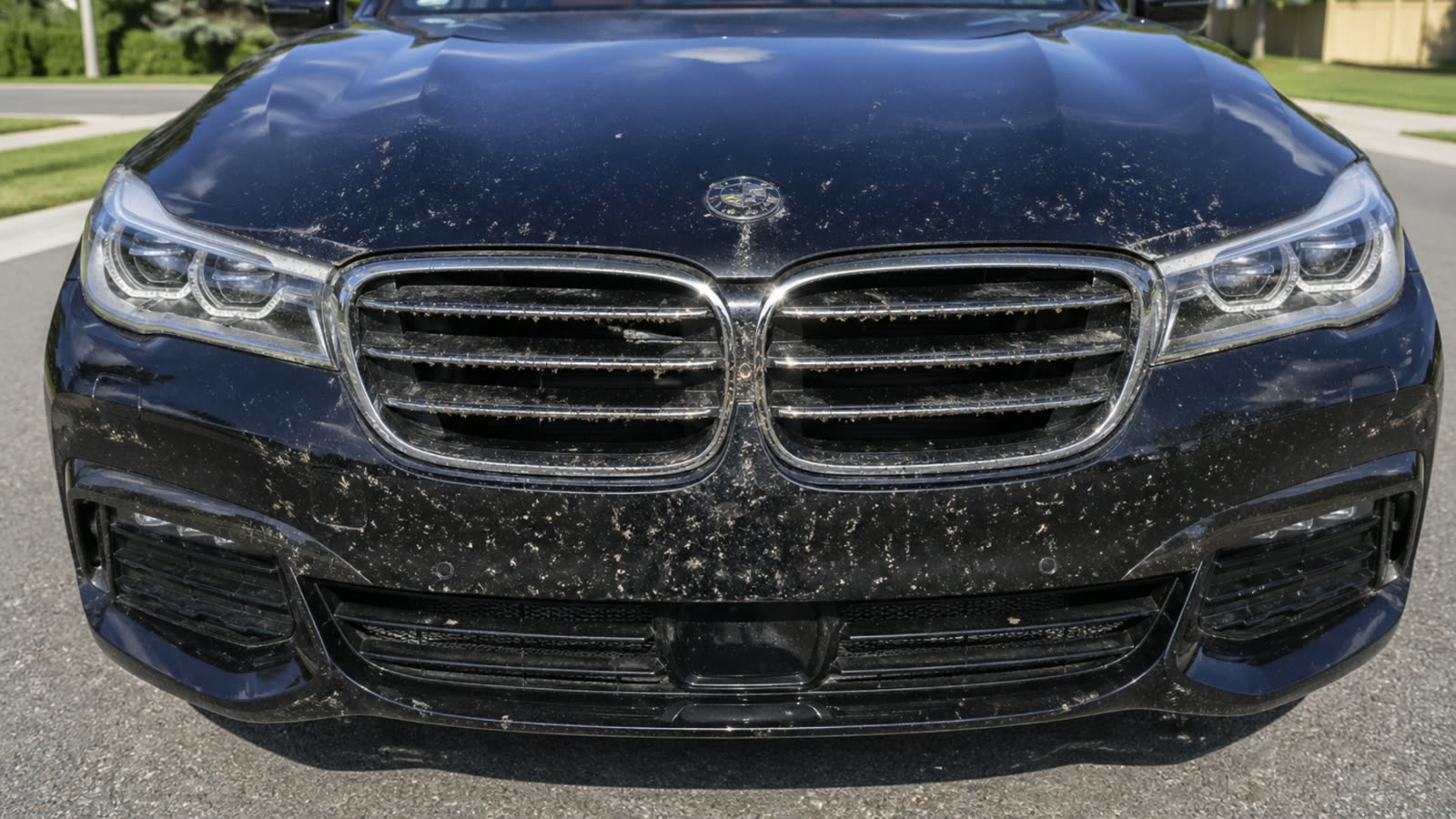 Front view of a black BMW sedan covered in dried bug splatter across the hood, grille, and bumper, parked outdoors in daylight on a suburban street.