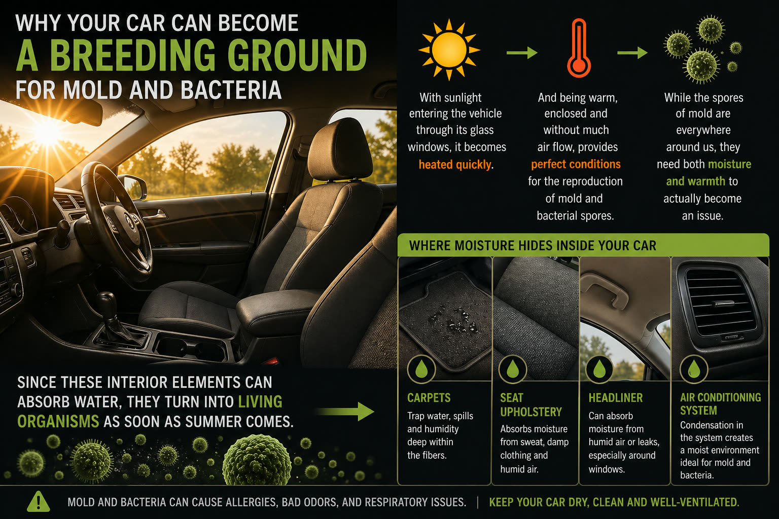 Infographic explaining how cars become breeding grounds for mold and bacteria, highlighting heat, moisture, and interior surfaces.